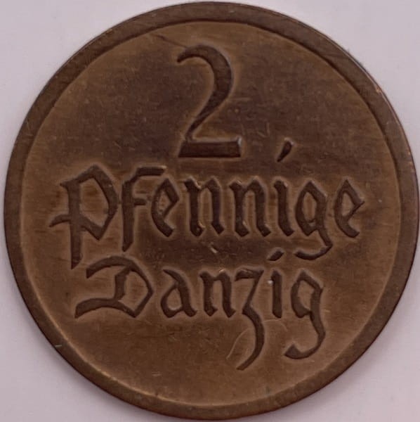 Moneta 2 fenigi 1926 r. Wolne Miasto Gdańsk stan 2