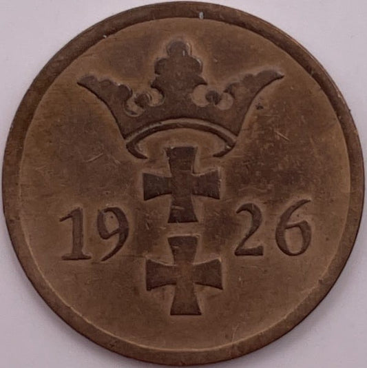 Moneta 2 fenigi  1926 r. Wolne Miasto Gdańsk stan 2
