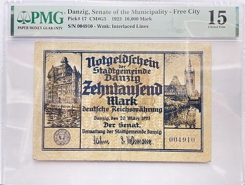 Banknot 10000 marek 1923 r. PMG 15 Wolne Miasto Gdańsk