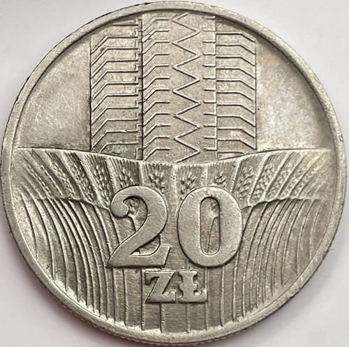Moneta 20 zł Wieżowiec i kłosy 1973 r. b.z.